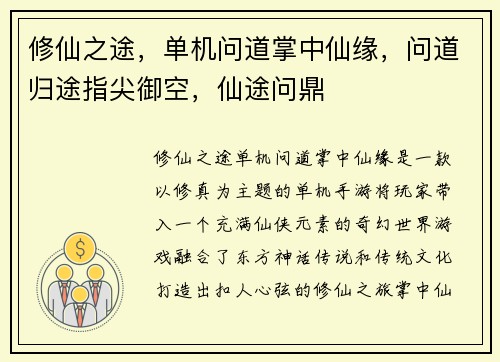 修仙之途，单机问道掌中仙缘，问道归途指尖御空，仙途问鼎